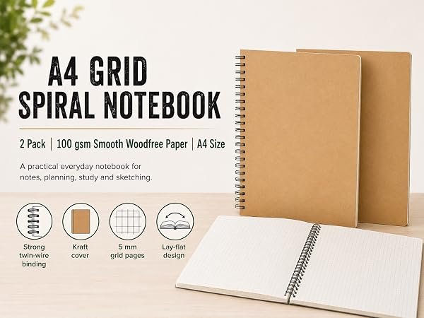 A4 Grid Spiral Notebooks — Kraft, 2 Pack