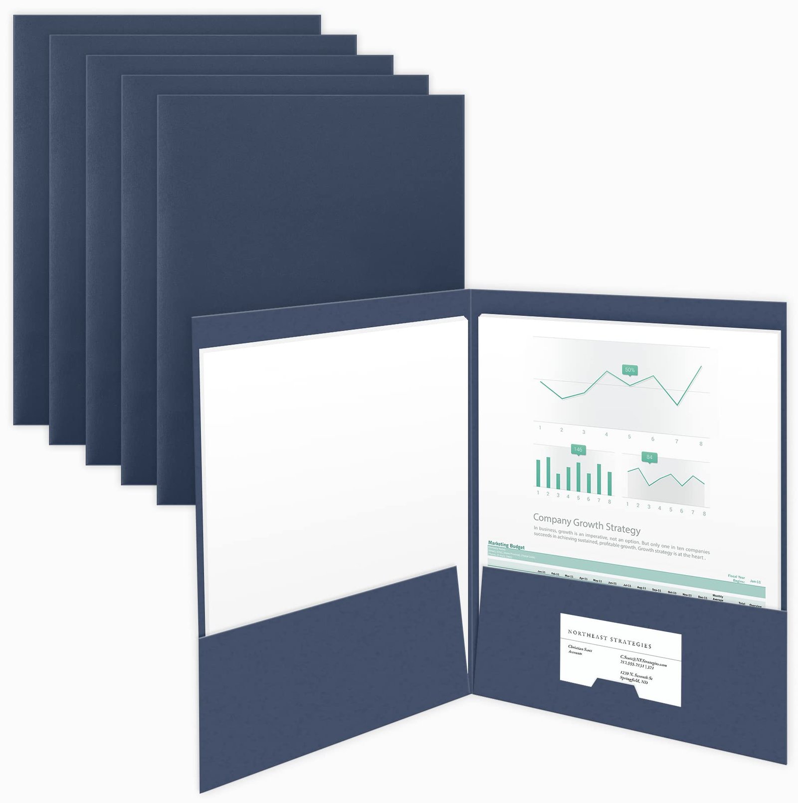Two-Pocket Presentation Folders — Navy, 5 Pack