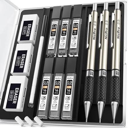 Mechanical Pencil Drawing Set — 3 Pencils with Leads & Erasers